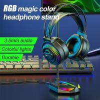 【Undine earphone】ขาตั้งหูฟัง RGB ชุดหูฟังสำหรับเล่นเกม PC เดสก์ท็อปที่วางจอแสดงผลไฟ Led แจ็ค3.5มม. โลหะและพอร์ต USB สำหรับชั้นวางหูฟังเสียง