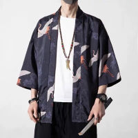 [COD] Summer Cardigan Thin Type Loose Ukiyoe Chinese Style Character Print Kimono Robe Seven-point Sleeve Vintage Style Mens Outwear Fashion Streatwear