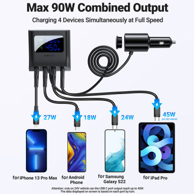 ACEFAST 4พอร์ต USB Car Charger ไฟแช็กซ็อกเก็ต Splitters PD QC3.0 90W จอแสดงผล LED โวลต์มิเตอร์ Dock Fast Charging Station