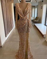 Dubai Gold Sparkly Sequin Evening Dresses 2022 y V-neck High Slit Long Sleeve Women Party Night Long Mermaid Prom Dresses