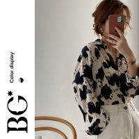 BG World Tie-dye cow pattern chiffon shirt womens design sense new Hong Kong style loose outer wear long-sleeved shirt BG109