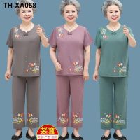 Grandma summer wear short-sleeved suit ice silk mom wear two-piece thin old lady clothes loose the elderly womens clothing