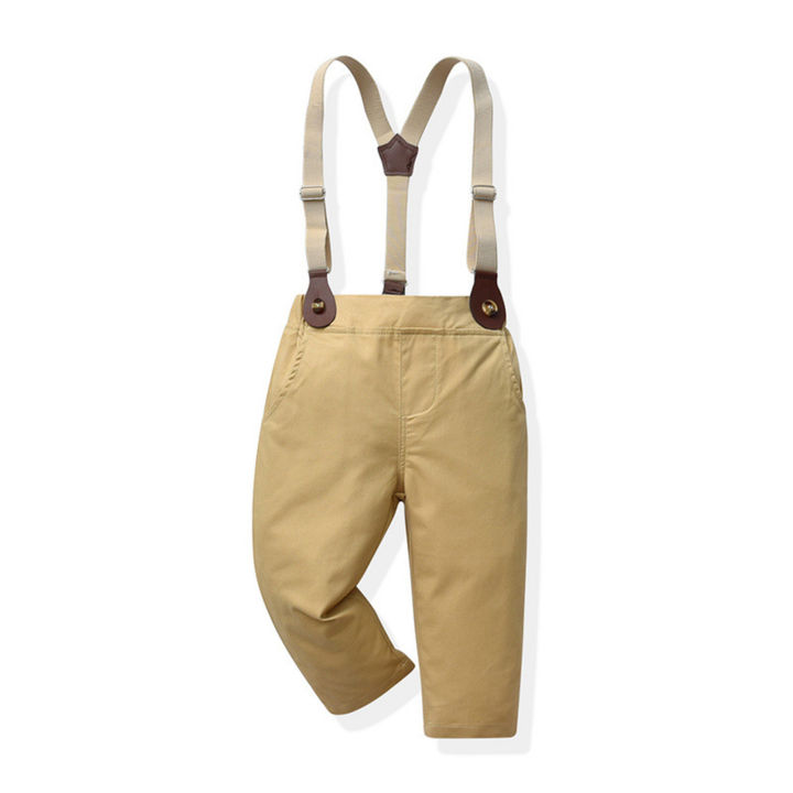 เด็กหัดเดินโบว์สุภาพบุรุษชุดเสื้อยืดท็อปแบบตัวสั้นทึบ-กางเกงเอี๊ยม