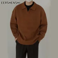 EERSHENSHI เสื้อสเวตเตอร์คอปกวินเทจสำหรับผู้ชายเสื้อถักคอวีหนาชุดลำลองแขนยาวทรงหลวมใหม่