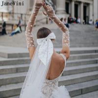 ℗❀✽ JaneVini White Sheer Tulle Bridal Gloves with Pearls Flowers Long See Through Women Wedding Party Bride Gloves Handschuhe Damen