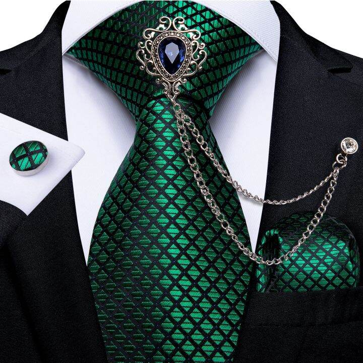 new-fashion-green-check-men-39-s-necktie-brooch-set-men-39-s-silk-ties-wedding-party-tie-handkerchief-cufflinks-set-luxury-tie-dibangu