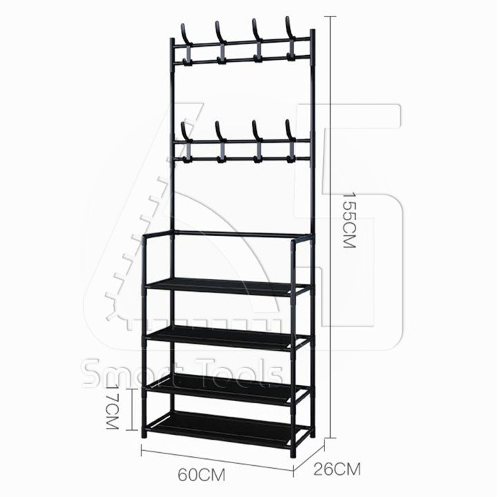 innhome-ชั้นวางรองเท้าเอนกประสงค์-4-ชั้น-ชั้นวางพร้อมราวแขวนเอนกประสงค์-รับน้ำหนักได้เยอะ-ขนาด26x60x155cm-2สีให้เลือกสีขาว-สีดำ-รุ่นxmj-y19