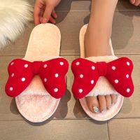 Fashion Bow Decor Design Women Home Slippers Solid Color 2023 Open Toe Indoor Winter Flat Non-slip Leisure Interior Female Shoe