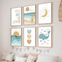 Luyameishop Whimical Nautical Wall Art: Summer Beach, Whale, Dolphin, Fish, Sun, Moon, Stars Canvas Posters For Baby &amp; Kids Room Decor - Kawaii Prints &amp; Pictures