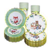 （A HOT）สัตว์ป่า Disposable Tableware Party Supplies Fox แผ่นแว่นตา Happy One 1st Birthday Party Decor เด็กของขวัญ