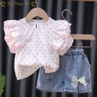 Baby Girls Clothing Childrens Suit Girls Childrens Polka Dot Ruffle Short-sleeved Denim Cotton Shorts Baby Clothes Girls 1-4Y  by Hs2023