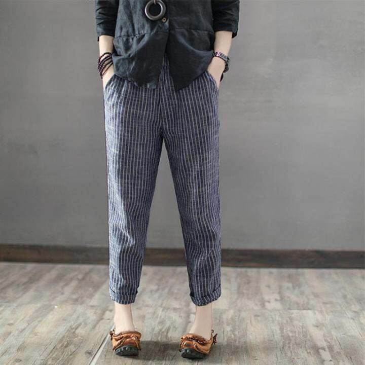 จัดส่งฟรี-zanzea-women-plus-size-pants-striped-office-ol-high-waist-pencil-trousers