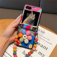 Korean Luxury Cute Rainbow Beads Bracelet Flower Oil Painting Case for Samsung Galaxy Z Flip3 4 5 ZFlip3 Zflip 4 Flip5 Cover