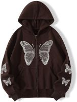 CELLEBII Sweatshirts for Women - Butterfly Print Zip Up Drawstring Thermal Hoodie (Color : Coffee Brown, Size : Small)