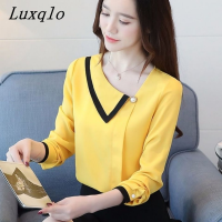 Luxqlo เสื้อแขนยาวผ้าชีฟองสีเหลืองสำหรับผู้หญิงดีไซน์ฉบับภาษาเกาหลีให้สัมผัสถึงความโดดเด่นเสื้อเชิ๊ตเข้ารูปแฟชั่นหลากหลายใหม่เสื้อสวย