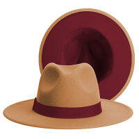 Simple Camel Two Tone Wide Brim Panama Hat Patchwork Colors Classic Fedora Hat With Belt Buckle