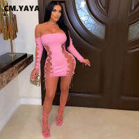 CM.YAYA Women Off Shoulder Drawstring Lace Up Bandage Mini Bodycon Dress 2022 Summer Sexy Party Even Midi Pencil Vestido Dresses