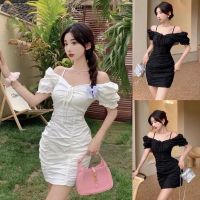 BOUND （in stock）White Korean Dress for Woman Casual Fitted Dress Thin Elegant Fashion Puff Sleeve Debut Dress Sunday for Women