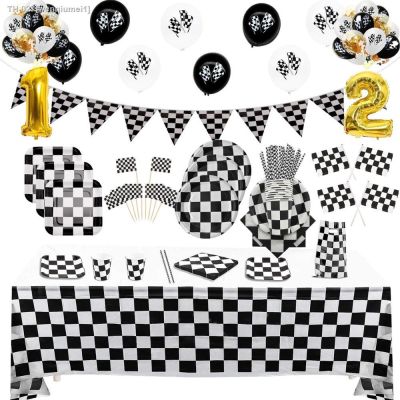 ✺✲✕ Race Car Birthday Party Supplies Black White Checkered Party Decorations Including Banner Pennant Balloons Tablecloth Gift Bags