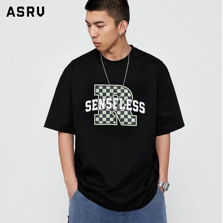 asrv-เสื้อยืดแขนสั้นลายย้อนยุคสำหรับผู้ชายเสื้อยืดคู่รักแขนสั้นลายตารางหมากรุกแบรนด์อินสตาแกรมใหม่เสื้อแขนสั้นพิมพ์ลายตัวอักษรแนวสตรีทสูงเสื้อยืดผู้ชายเสื้อกล้ามชายเสื้อยืดคอกลม