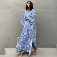 Boho Leopard Print Beach Dress Swimsuit Cover Up 2022 Summer Women Kimono Long Dresses Beachwear Cover-ups Kaftan Bath Clothing