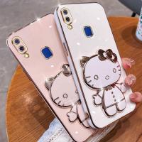 เคสโทรศัพท์กระจกแต่งหน้าพับได้สำหรับ Vivo ฝาหลังเคสนิ่ม,เคส Y91i Y91 Y95 TPU พร้อมขาตั้งอเนกประสงค์1807 1817 1811แมวการ์ตูนน่ารัก