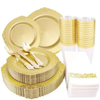 Disposable Cutlery Baroque Plastic Plate Plastic Silverware Cup Napkin Combo Set Wedding Birthday Party Decorations 10 Guests