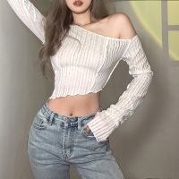 Women Long Sleeve Hollow Out T-shirt Fashion Solid Color Oblique Shoulder Irregular Exposed Navel Tops V728