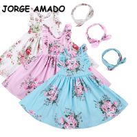 【CC】 New Baby Pink Cotton Print Sleeveless Ruffle Sling Dress Headband Fashion Children Clothing E94212