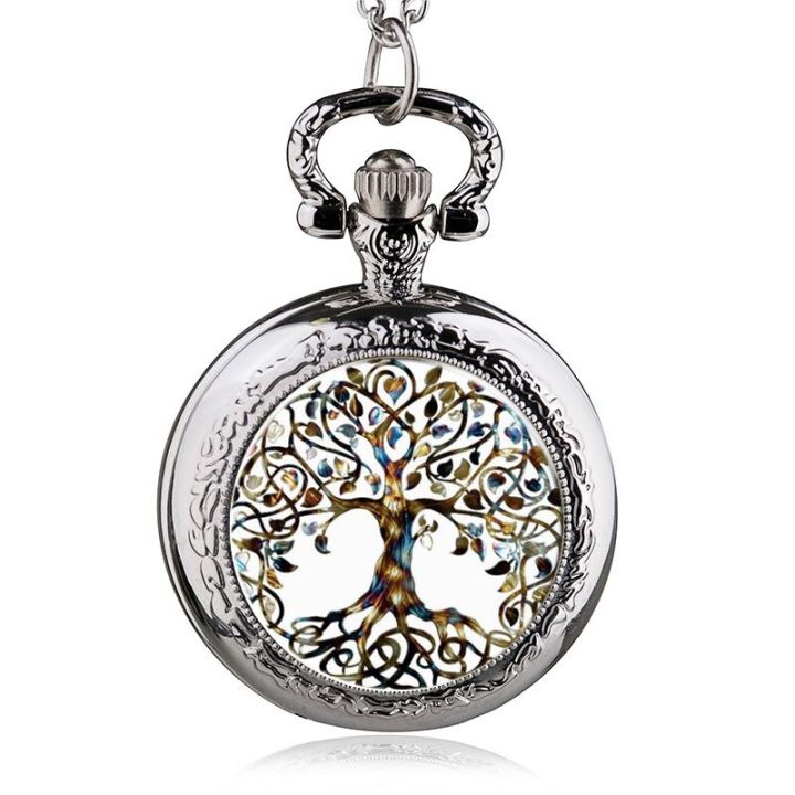 สร้อยคอโซ่แบบคลาสสิกนาฬิกาพกทรงหลังเบี้ยจี้แก้วต้นไม้แห่งชีวิตวินเทจควอทซ์-fob-นาฬิกาผู้ชายผู้หญิงของขวัญที่ดีที่สุด