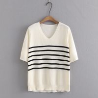 【มีไซส์ใหญ่】Plus Size Womens V-neck Striped Summer Shirts Oversized Casual Female Tops Fashion Vintage Slim Top