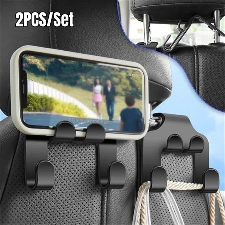 2PCS Universal Car Seat Back Hook Headrest Hanger Car Bag Pouch Clothes  Hanging Hooks Dual Clip Phone Holder Interior Accessories