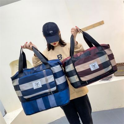 [COD] New plaid travel bag expandable large capacity folding fashion outdoor storage sports yoga fitness