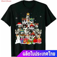 เสื้อยืดคอกลมWant Shoes เสื้อยืดแขนสั้น Funny Siberian Husky Christmas Tree Pet Dog Lover Gift T-Shirt Black Popular T-s