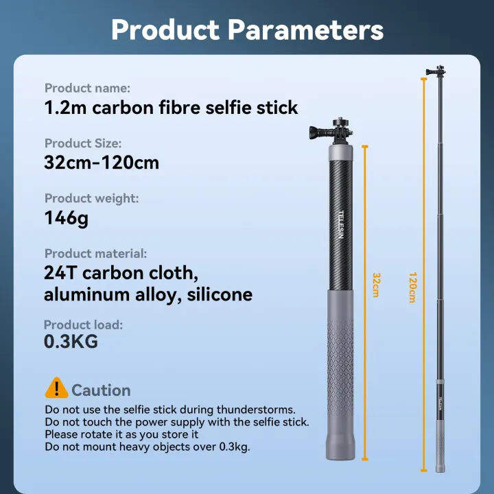 เทเลซิน120เส้นใยคาร์บอนซม-ไม้เซลฟี่ยืดได้กับสกรูสำหรับ-gopro-ฮีโร่1-4-11-10-9-8-7-insta360กล้องแอคชั่นแคมเมรา-osmo