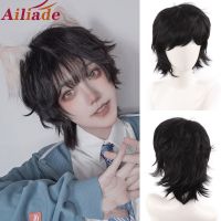 Ailiade Black Mens Wig Short Straight Bangs 12" Synthetic Wigs For Male Boy Cosplay Anime Daily Party Wig Heat Resistant