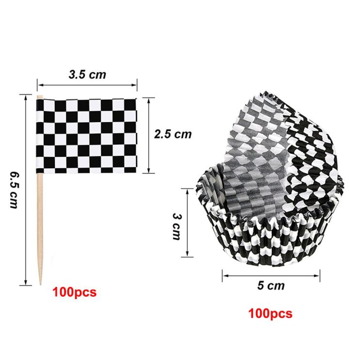 ธงลายตารางหมากรุกวันเกิดแข่งไม้จิ้มฟันธงแข่งยอดคัพเค้กหีบห่อไลน์เนอร์ที่คลุมถ้วยกระดาษสำหรับอบเค้ก200ชิ้น