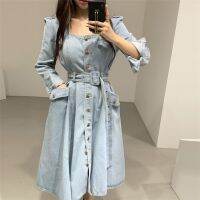 2021FMFSSOM New Spring Autumn 2021 Women Denim Dresses Pockets Mid-Calf Casual Sashes Square Collar Single Breasted Robes