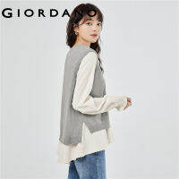 GIORDANO Women Shirts Fake 2-Piece 100% Cotton Fashion Shirts Ruffle Long Sleeve Relaxed Simple Crewneck Casual Shirts 13353775