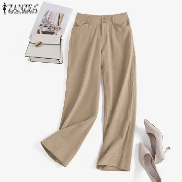 ZANZEA Women Vintage Cotton Loose Wide Leg Pants Office Ladies
