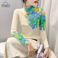 YIMEI เสื้อเสื้อยืดแขนยาวฟิตเนสผู้หญิงตาข่ายแขนยาวพิมพ์ลายบล็อกสีพื้นสไตล์ใหม่สำหรับฤดูใบไม้ร่วงเข้ารูปพอดี2023ฤดูใบไม้ร่วง