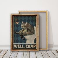 1pc Inch Pine Inner Frame Oil Painting On Canvas Poster The cat sitting on the toilet Wall Art Home Decorative