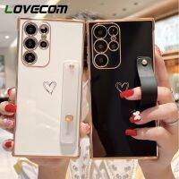 FDD เคสหัวใจรักชุบหรูหราสำหรับ Samsung S23 S21 S22อัลตร้า S20 FE A53 A13 A14 A34 A54 A23 A52 5G ฝาปิดที่วางสายรัดข้อมือ