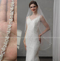 ผ้าคลุมหน้างานแต่งงานสั้น Elegant ลูกปัดคริสตัลไข่มุกขอบ Veil สีขาวงาช้างผ้าคลุมหน้าเจ้าสาวด้วยหวี 1 ชั้นปลายนิ้วที่กำหนดเอง Veil-JHU STORE