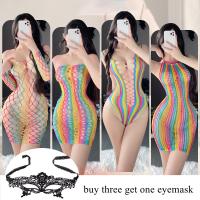 ZZOOI Rainbow Colorful Fishnet Dress Women Sexy Hollow Out See Through Babydoll Party Dress Pole Dance Clubwear Plus Size Costumes