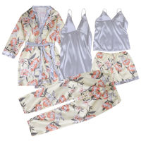 5pc Ladies Fashion Print Sexy Pajama Set, Comfortable High Quality Homewear Five-piece Set, Home Casual Sling Pajama Set