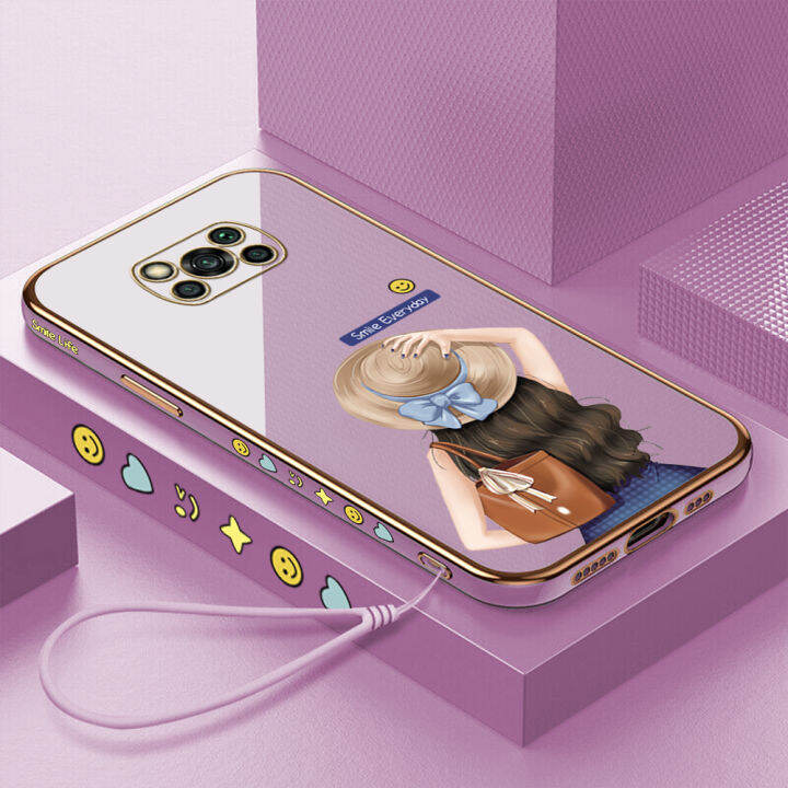 คลังสินค้าพร้อม-เคสเคสมือถือสำหรับ-xiaomi-x3-nfc-poco-x3-pro-พร้อมสายคล้อง-หมวกการ์ตูนสาวขอบสี่เหลี่ยมชุบเคลือบเคสนิ่มฝาหลัง