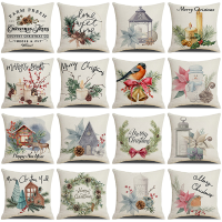 Christmas Cushion Cover Simple Painting Printed Pillow Covers 18x18 Inches Xmas Decorations Candle Bird Flower Linen Pillowcase