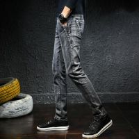 Spring Autumn jeans mens trendy Korean version all-match small feet slim-fit y grayspring and autumn jeans mens trendy Korean wild slim-fitting ankle-tied y gray stretch