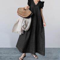 【YF】 Sweet Colorfast Lady Maxi Beach Dress Ankle Length Summer Vacation A-line Denim Women Clothes